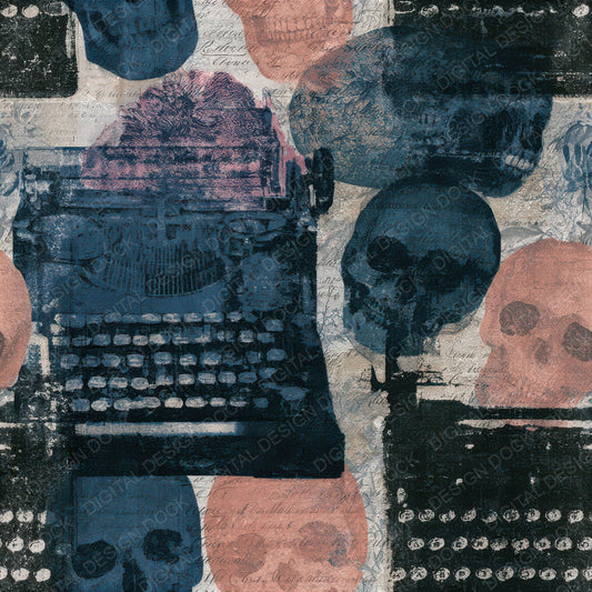 Cyanotype Skulls Typewriters Jet Rose Seamless Digital Paper Pack (DDD012885)