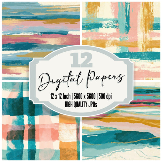 Gouache Turquoise Pink Ochre Abstract Digital Paper Pack (DDD012891)