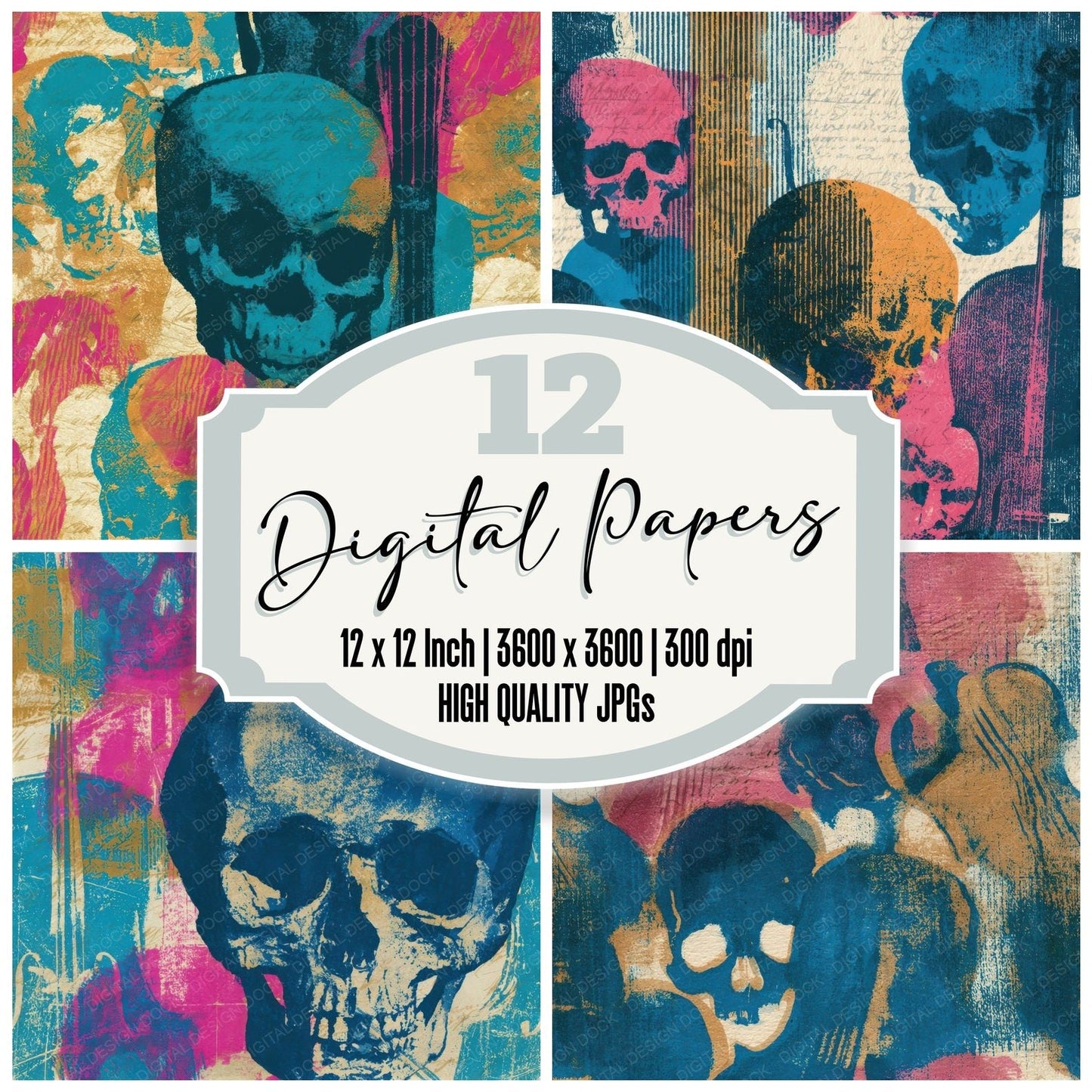 Cyanotype Skulls Cellos Turquoise Seamless Digital Paper Pack (DDD012905)