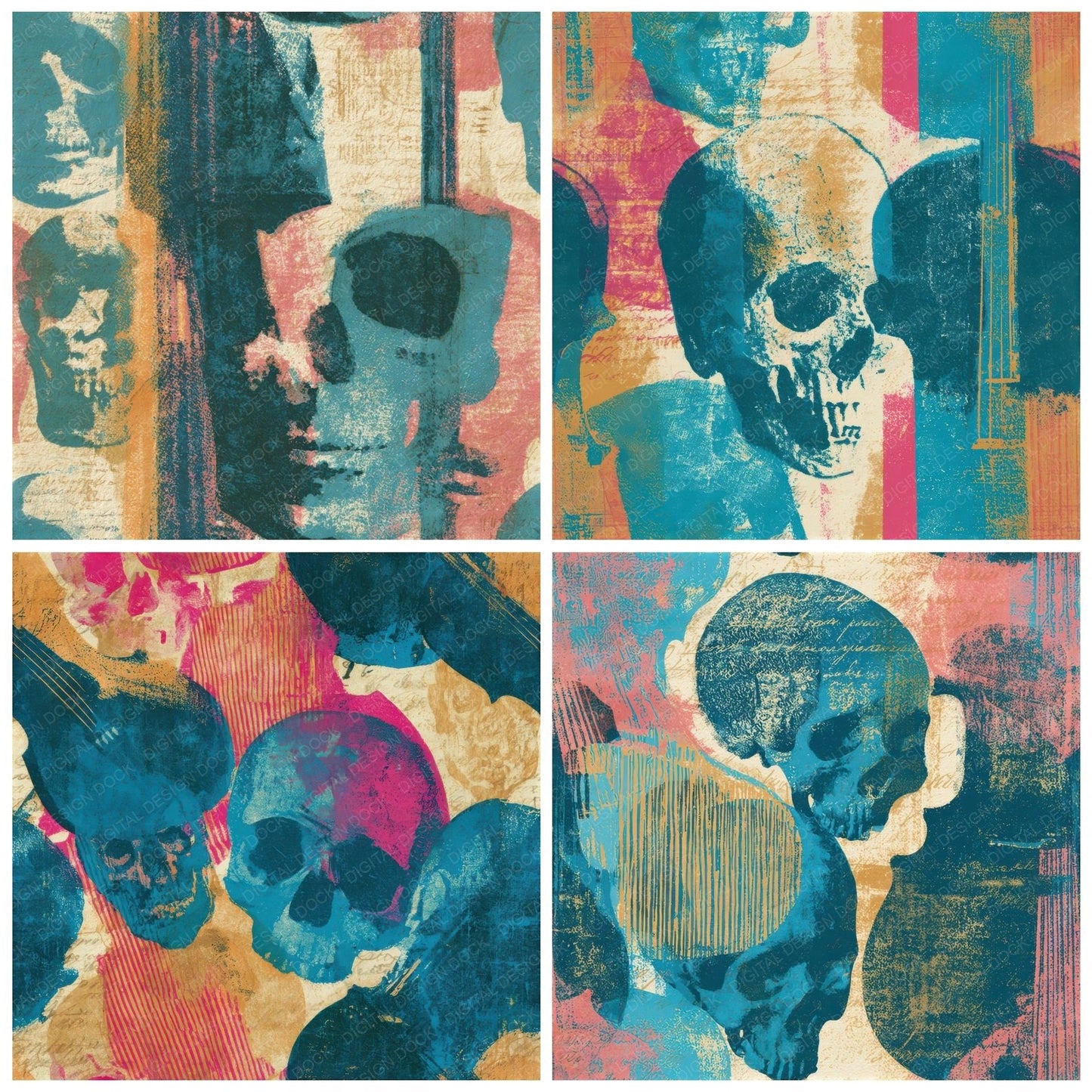 Cyanotype Skulls Cellos Turquoise Seamless Digital Paper Pack (DDD012905)