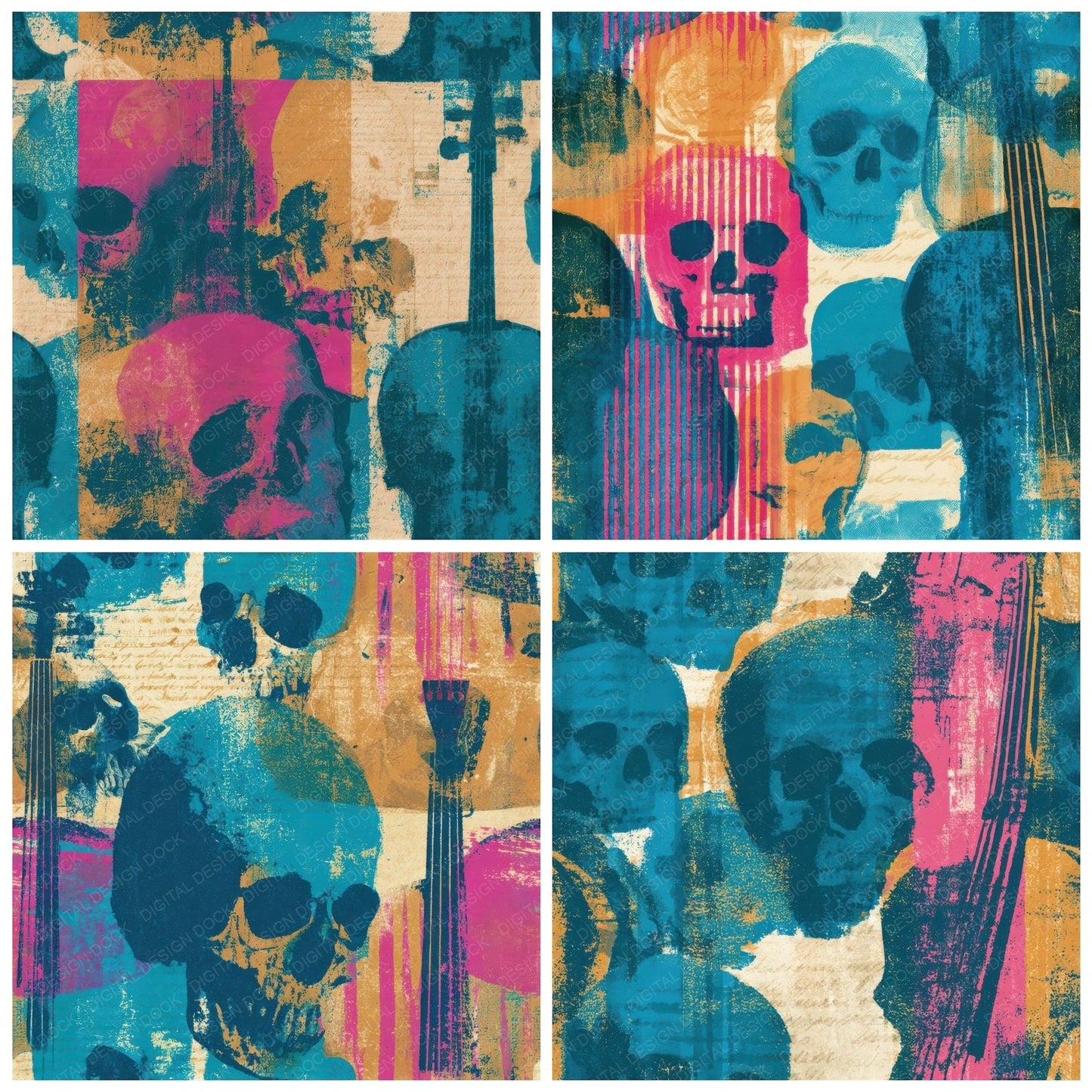 Cyanotype Skulls Cellos Turquoise Seamless Digital Paper Pack (DDD012905)