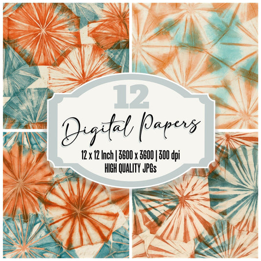 Drypoint Shibori Tangerine Aqua Vintage Seamless Digital Paper Pack (DDD012906)