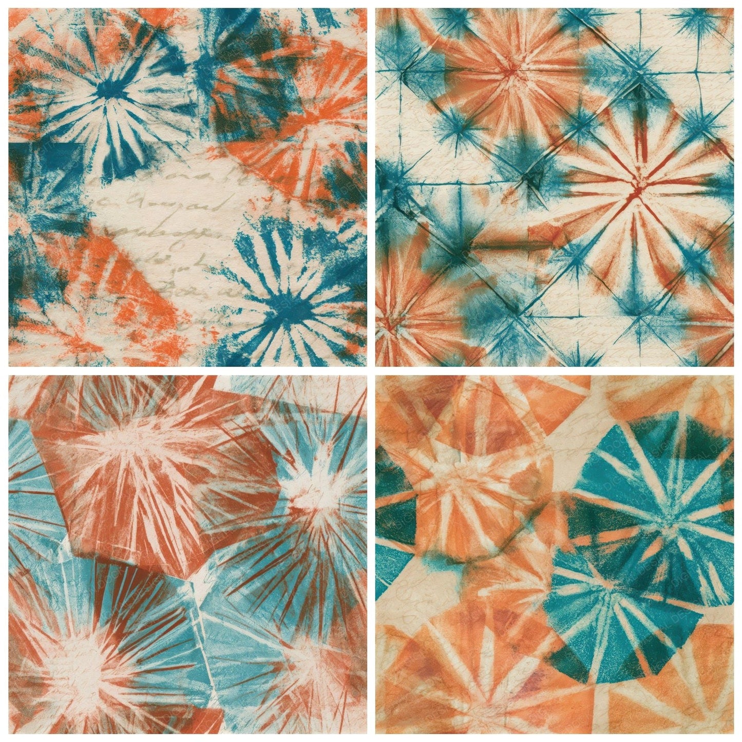 Drypoint Shibori Tangerine Aqua Vintage Seamless Digital Paper Pack (DDD012906)