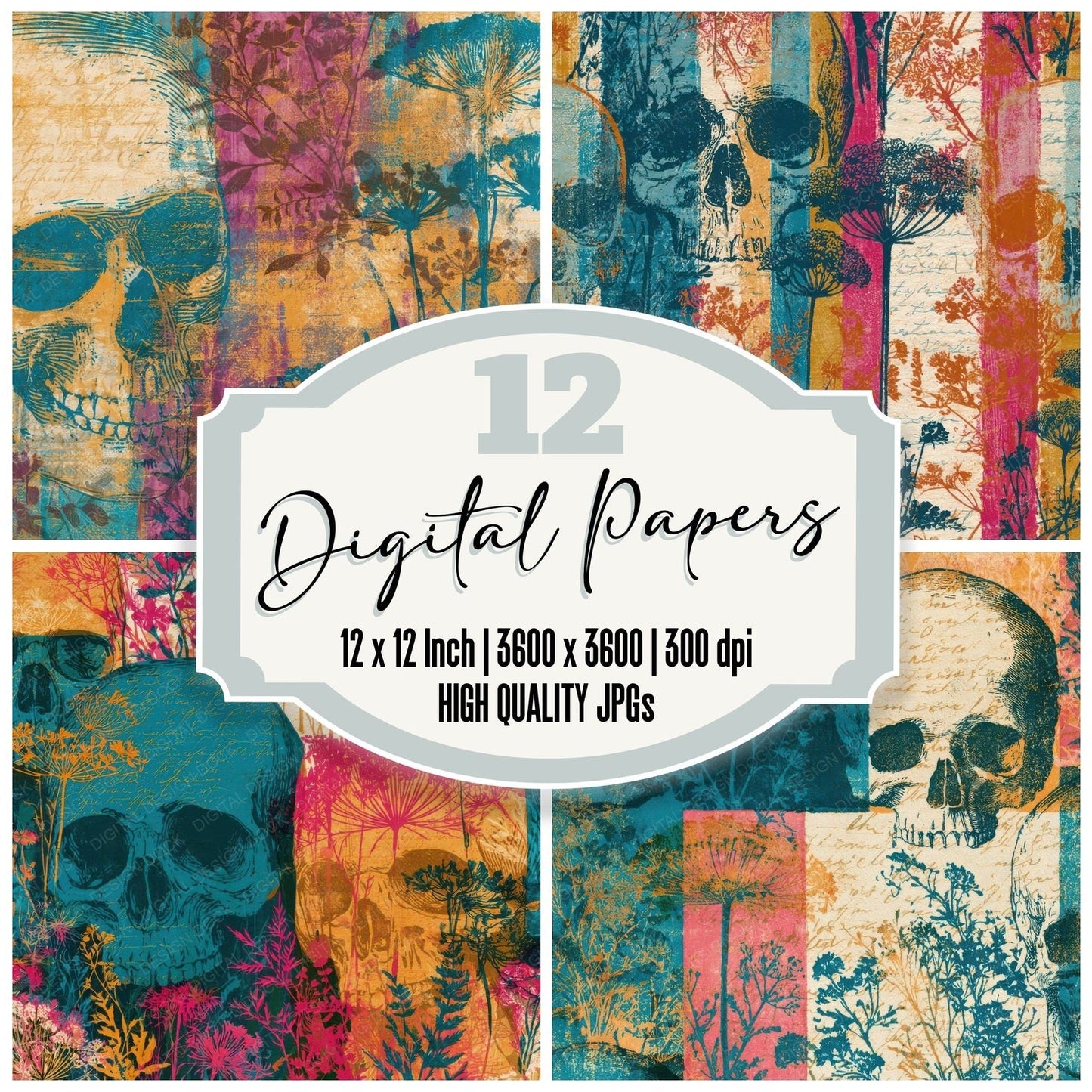 Drypoint Skulls Meadow Flowers Turquoise Digital Paper Pack (DDD012907)