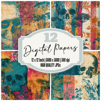 Drypoint Skulls Meadow Flowers Turquoise Digital Paper Pack (DDD012907)
