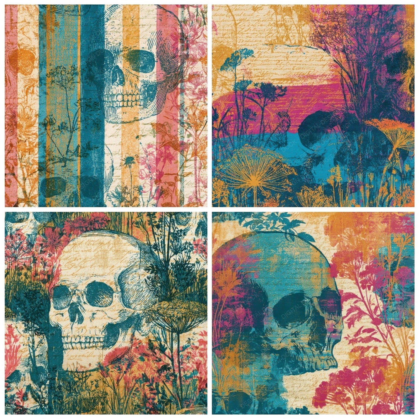 Drypoint Skulls Meadow Flowers Turquoise Digital Paper Pack (DDD012907)