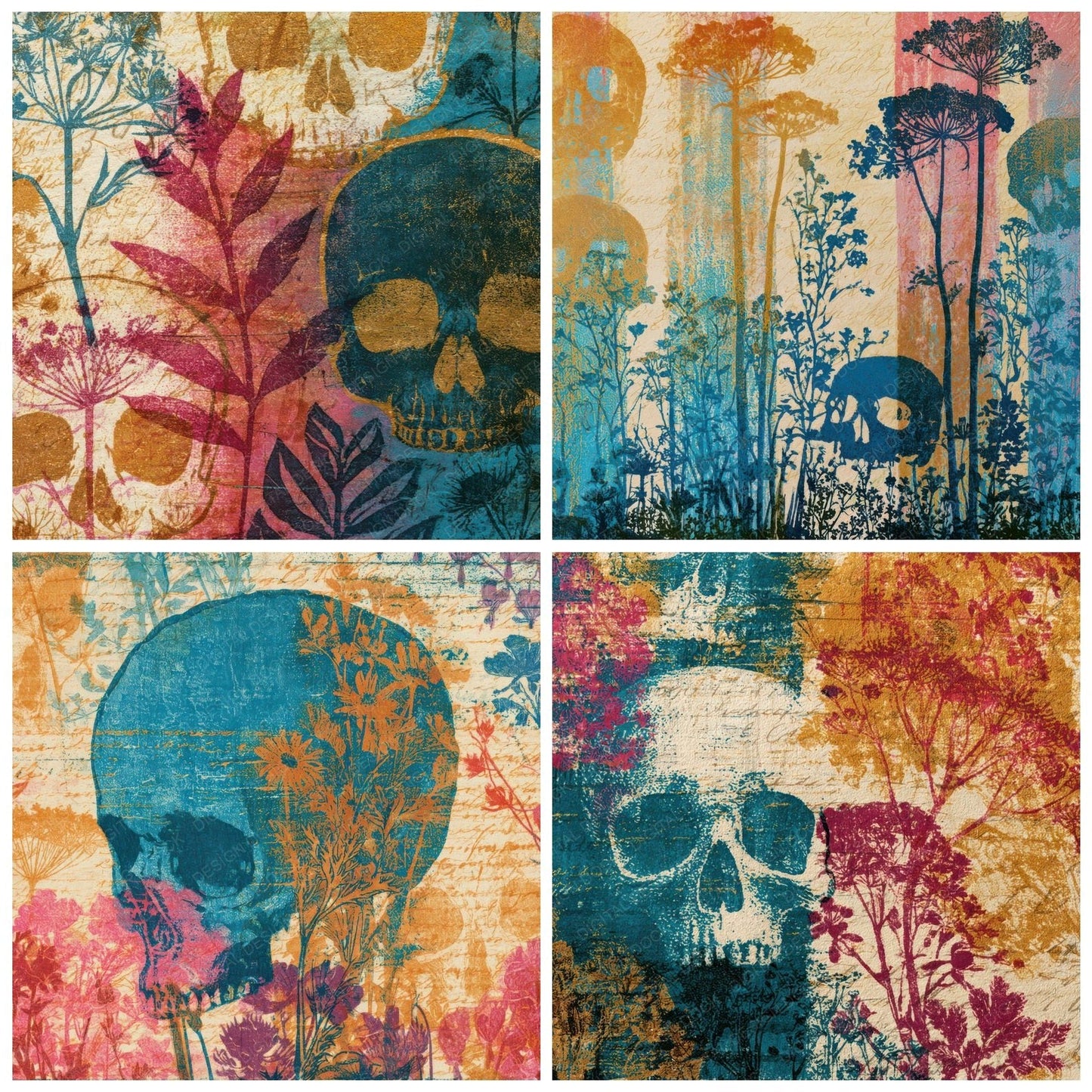 Drypoint Skulls Meadow Flowers Turquoise Digital Paper Pack (DDD012907)