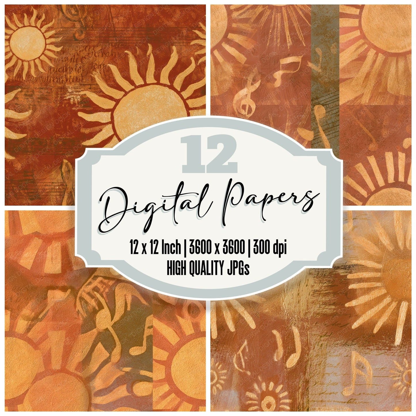 Egg Tempera Music Notes Sun Rust Gold Seamless Digital Paper Pack (DDD012908)