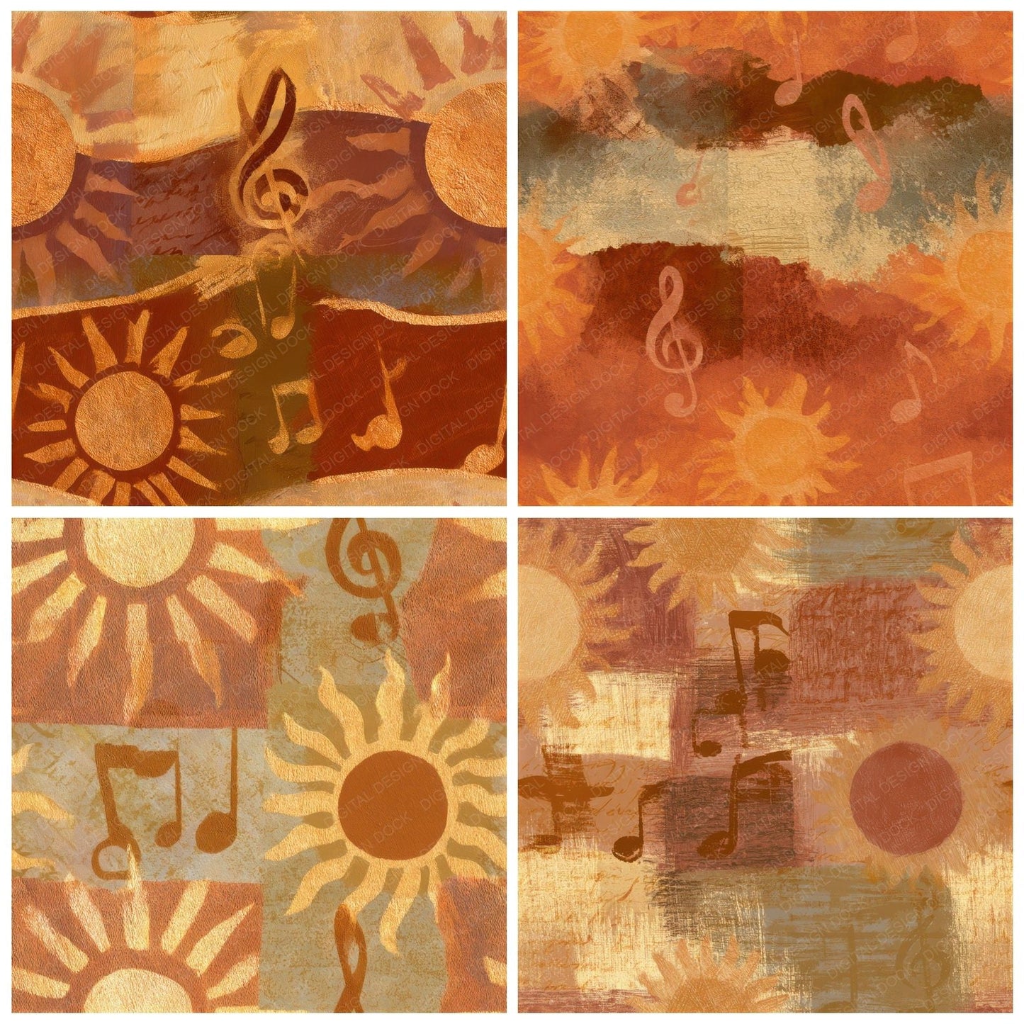 Egg Tempera Music Notes Sun Rust Gold Seamless Digital Paper Pack (DDD012908)