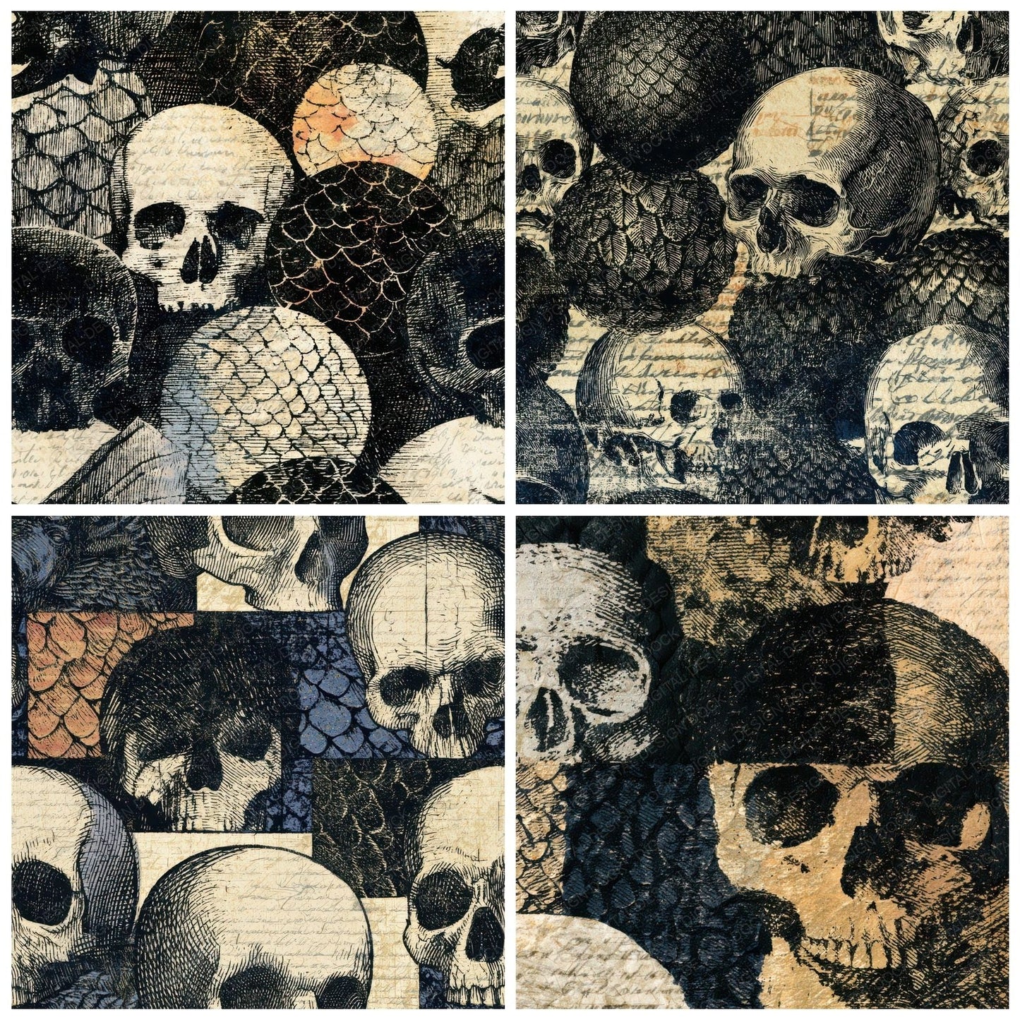 Engraving Skulls Dragon Scales Bone Digital Paper Pack (DDD012909)