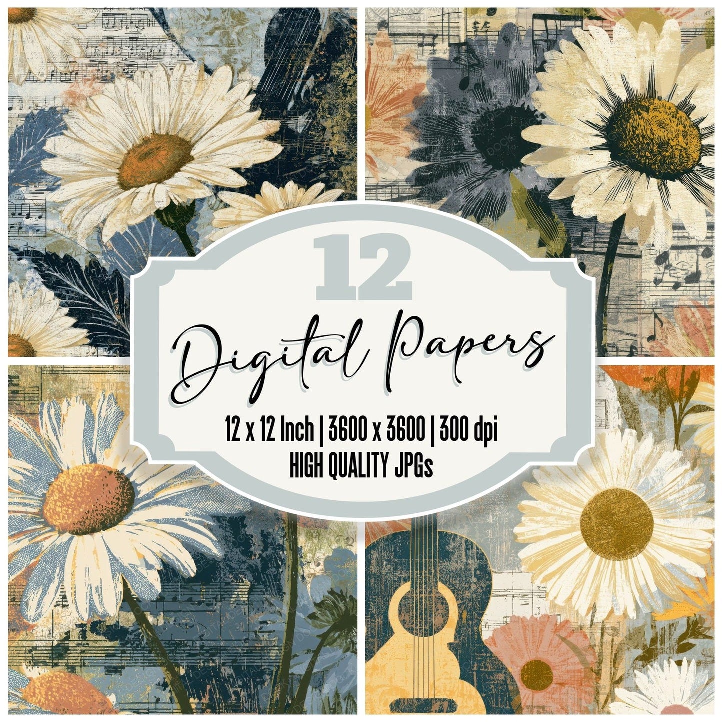Etching Music Notes Daisies Cream Digital Paper Pack (DDD012910)