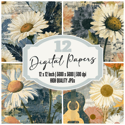 Etching Music Notes Daisies Cream digital paper pack cover showing four of the 12 papers