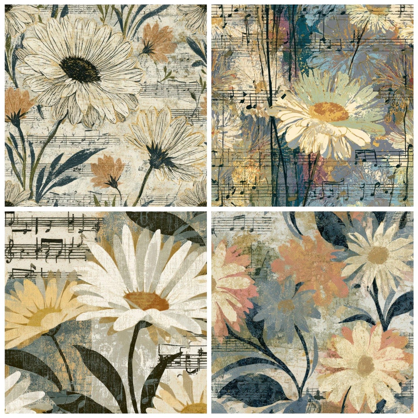Etching Music Notes Daisies Cream Digital Paper Pack (DDD012910)
