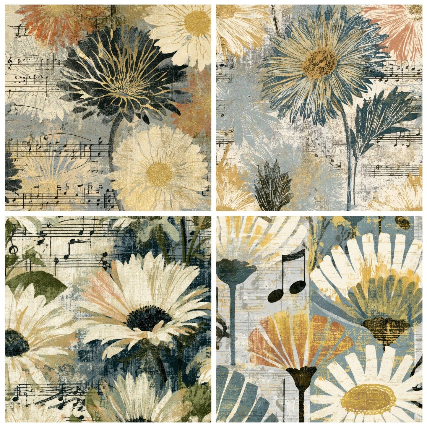 Etching Music Notes Daisies Cream Digital Paper Pack (DDD012910)