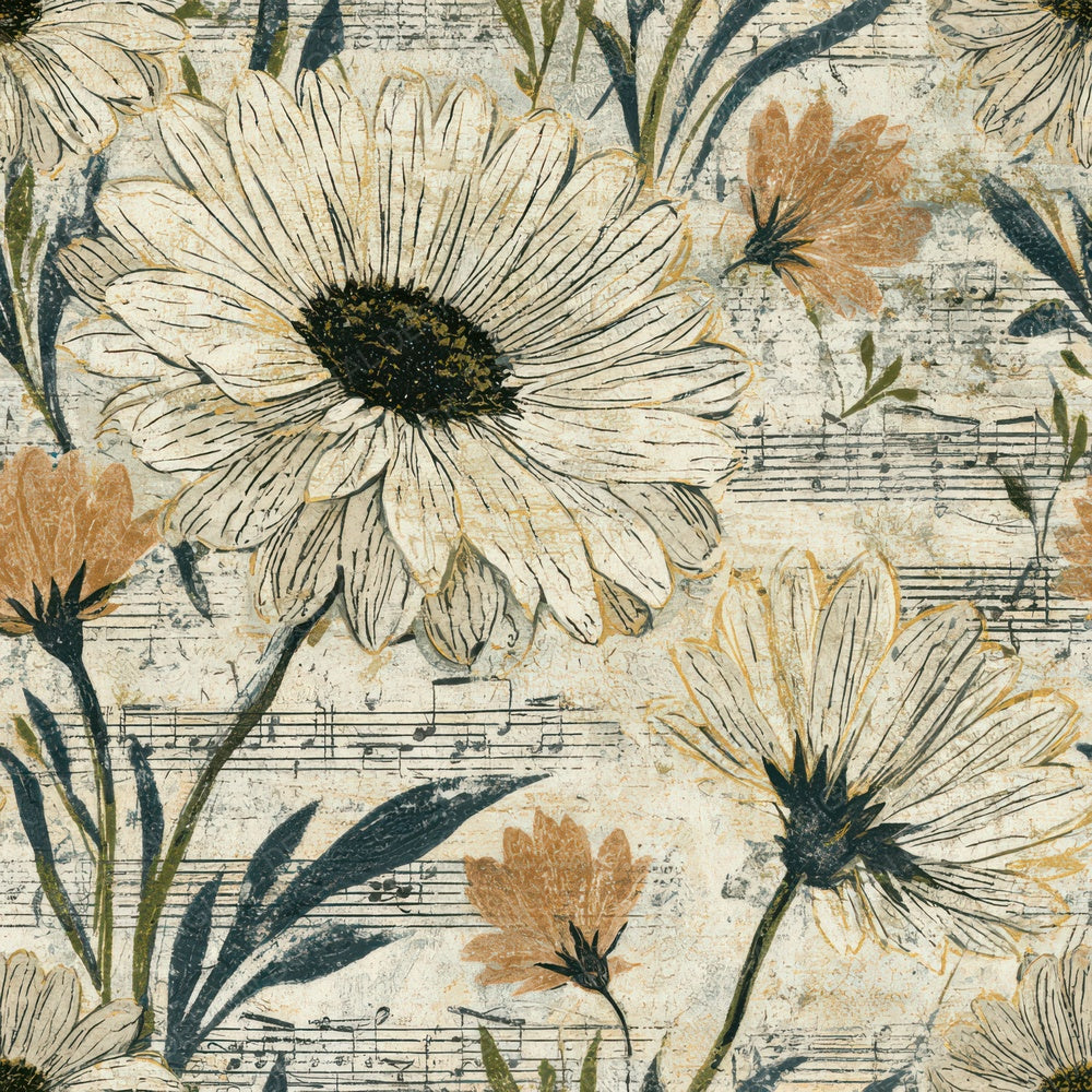 Etching Music Notes Daisies Cream Digital Paper Pack (DDD012910)