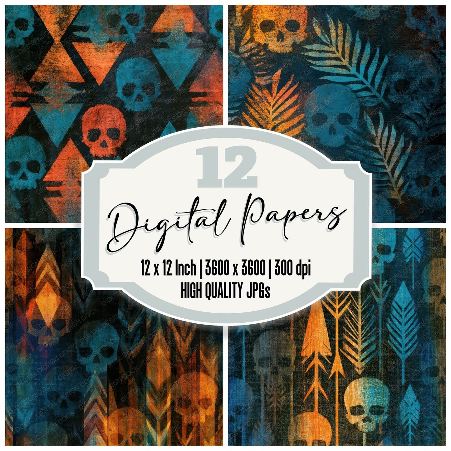 Infrared Skulls Arrowheads Tangerine Turquoise Digital Paper Pack (DDD012913)