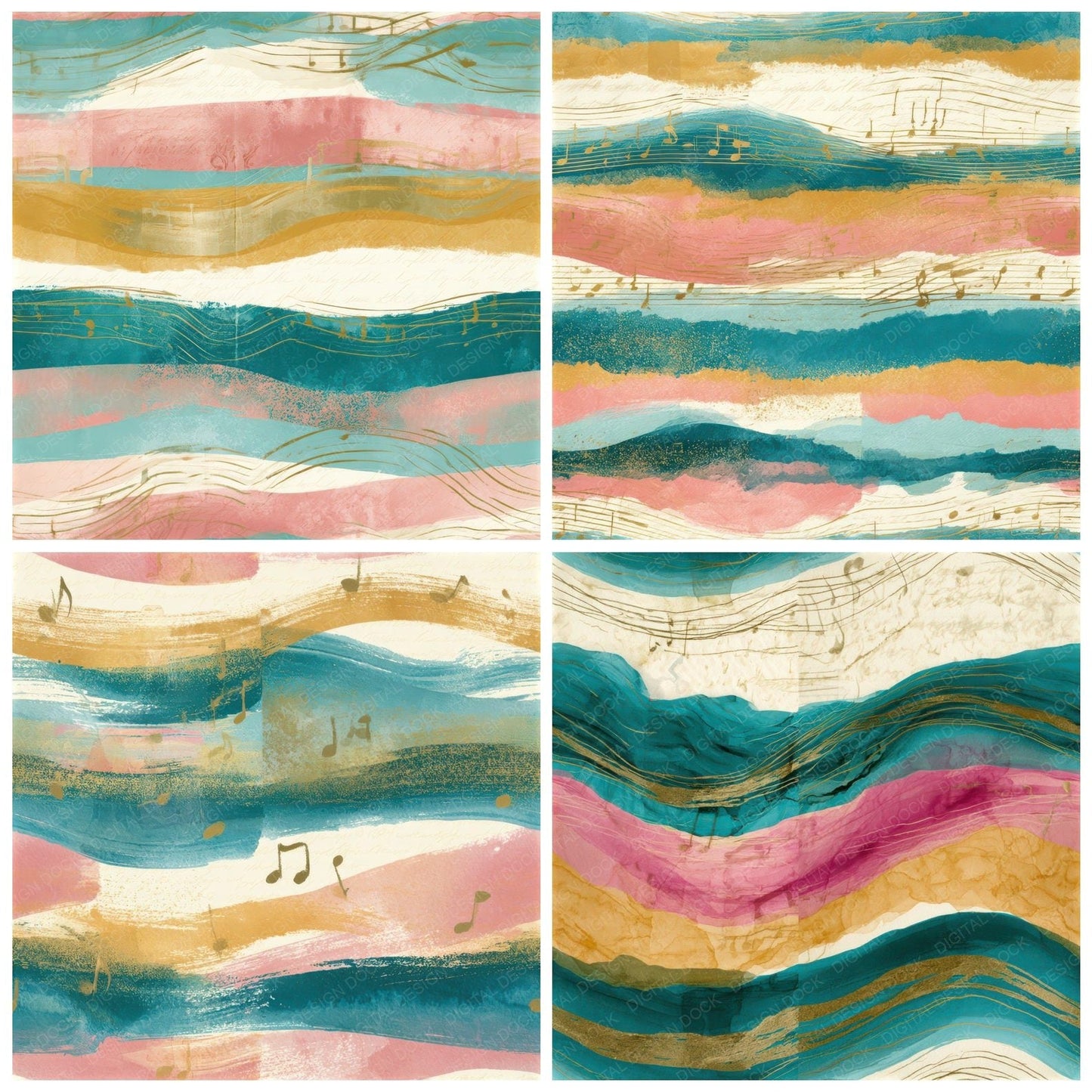 Ink Wash Music Notes Turquoise Pink Seamless Digital Paper Pack (DDD012914)