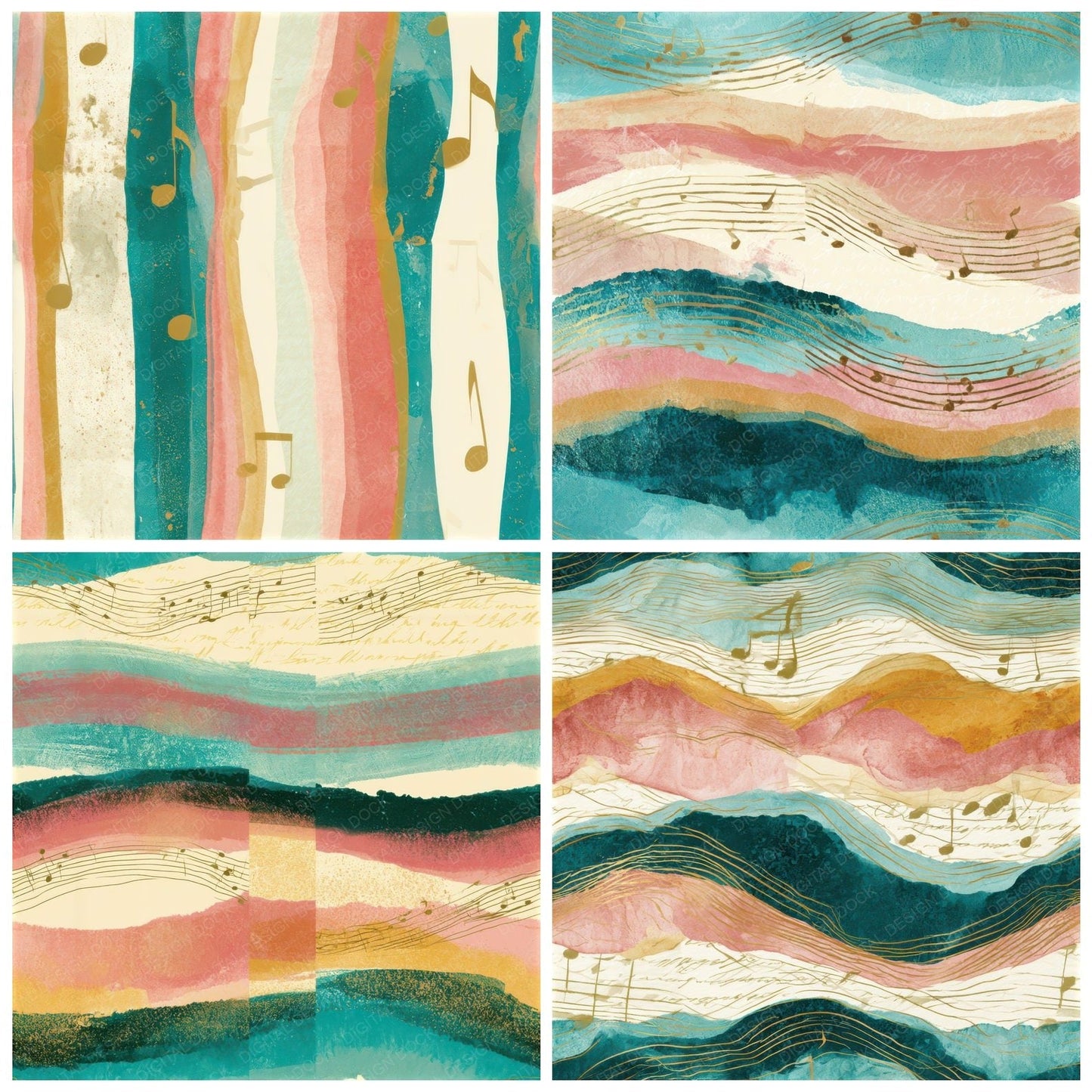 Ink Wash Music Notes Turquoise Pink Seamless Digital Paper Pack (DDD012914)