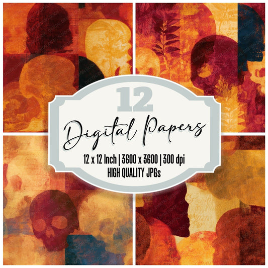 Mezzotint Skulls Rust Maroon Seamless Digital Paper Pack (DDD012916)