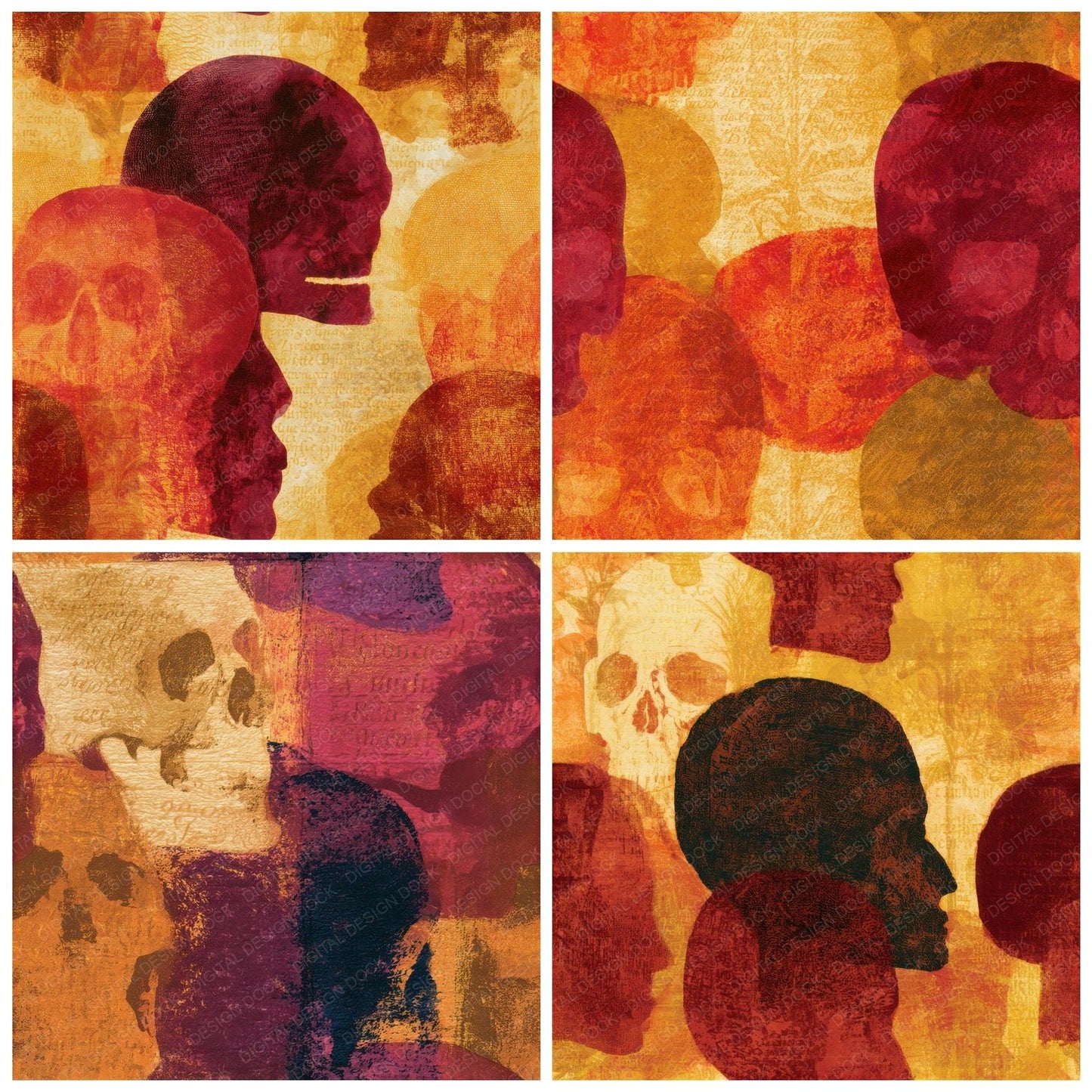 Mezzotint Skulls Rust Maroon Seamless Digital Paper Pack (DDD012916)