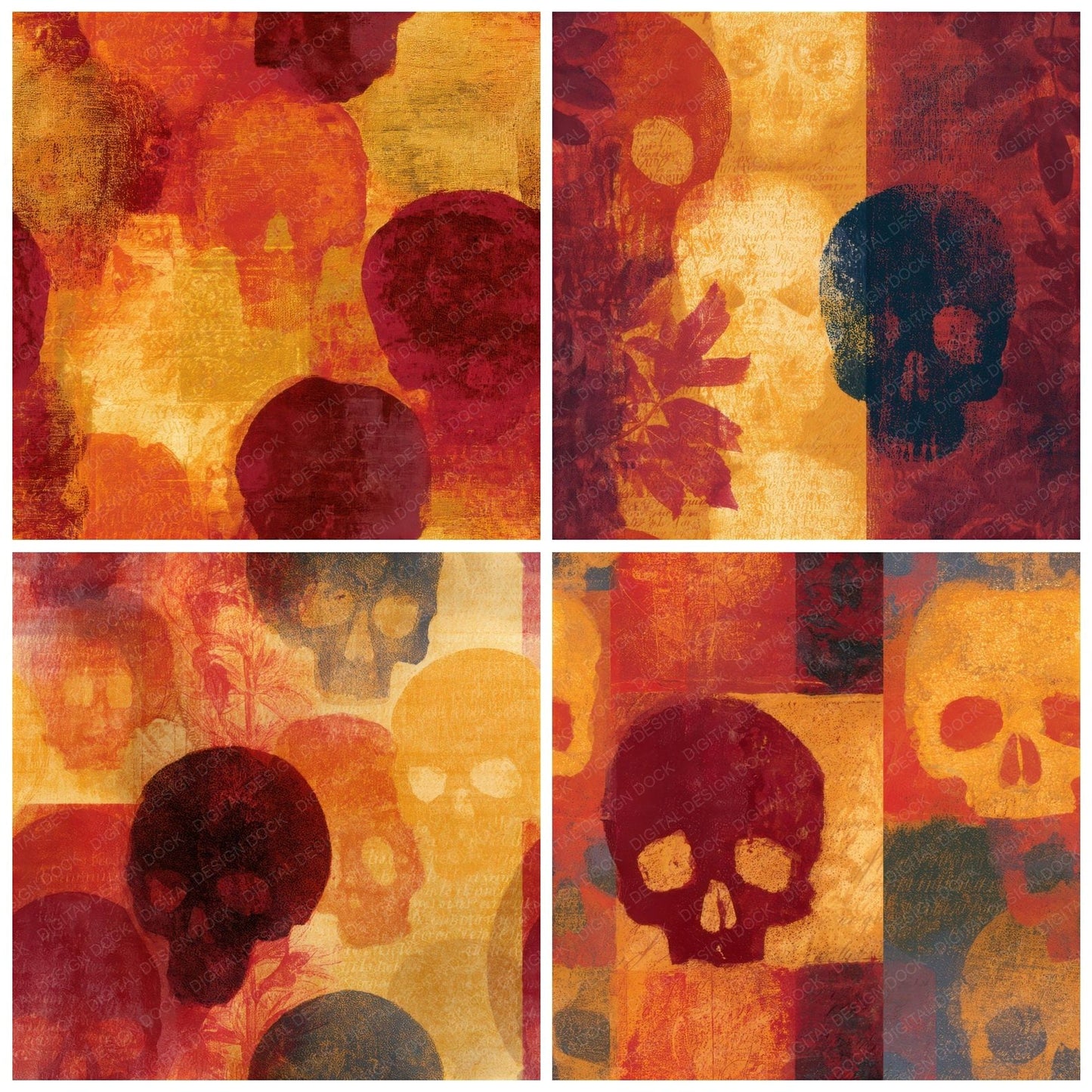 Mezzotint Skulls Rust Maroon Seamless Digital Paper Pack (DDD012916)