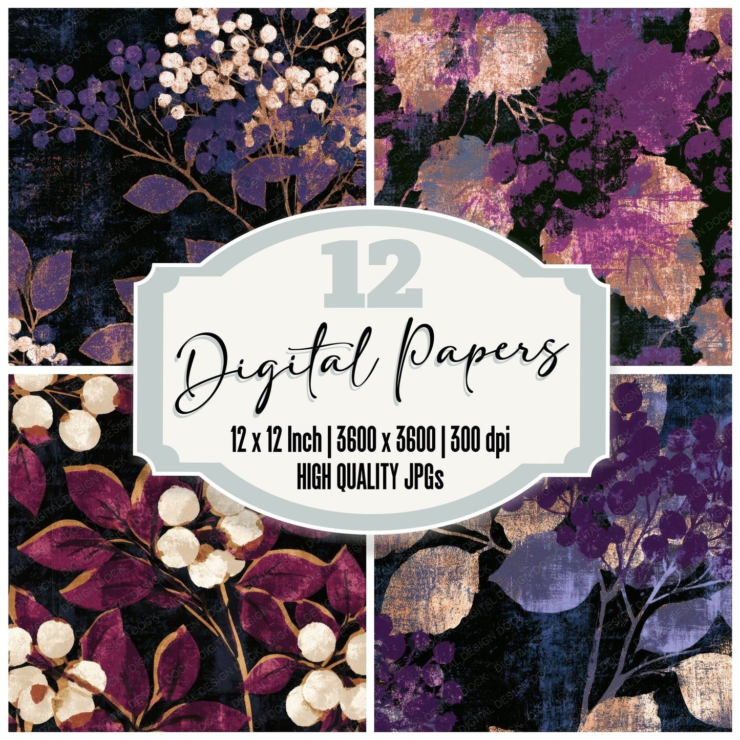 Screenprint Retro Berries Aubergine Pearl Digital Paper Pack (DDD012918)