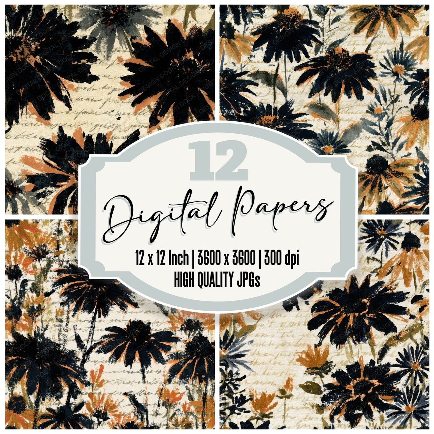 Sumi-e Americana Wildflowers Cream Digital Paper Pack (DDD012919)