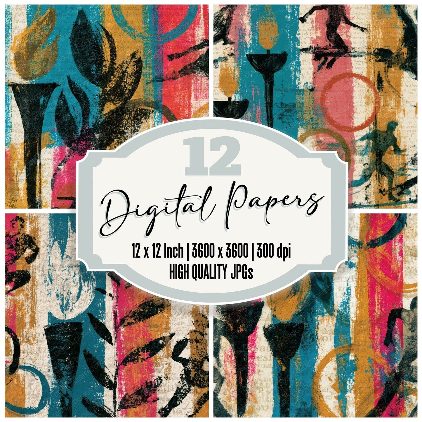 Sumi-e Retro Olympic Turquoise Pink Digital Paper Pack (DDD012920)