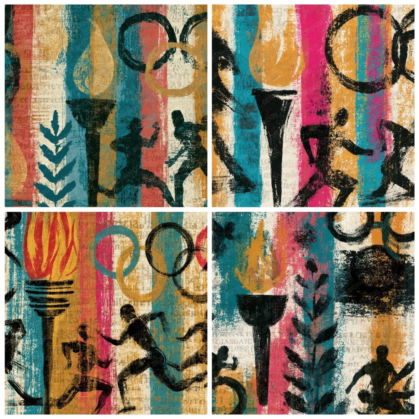 Sumi-e Retro Olympic Turquoise Pink Digital Paper Pack (DDD012920)
