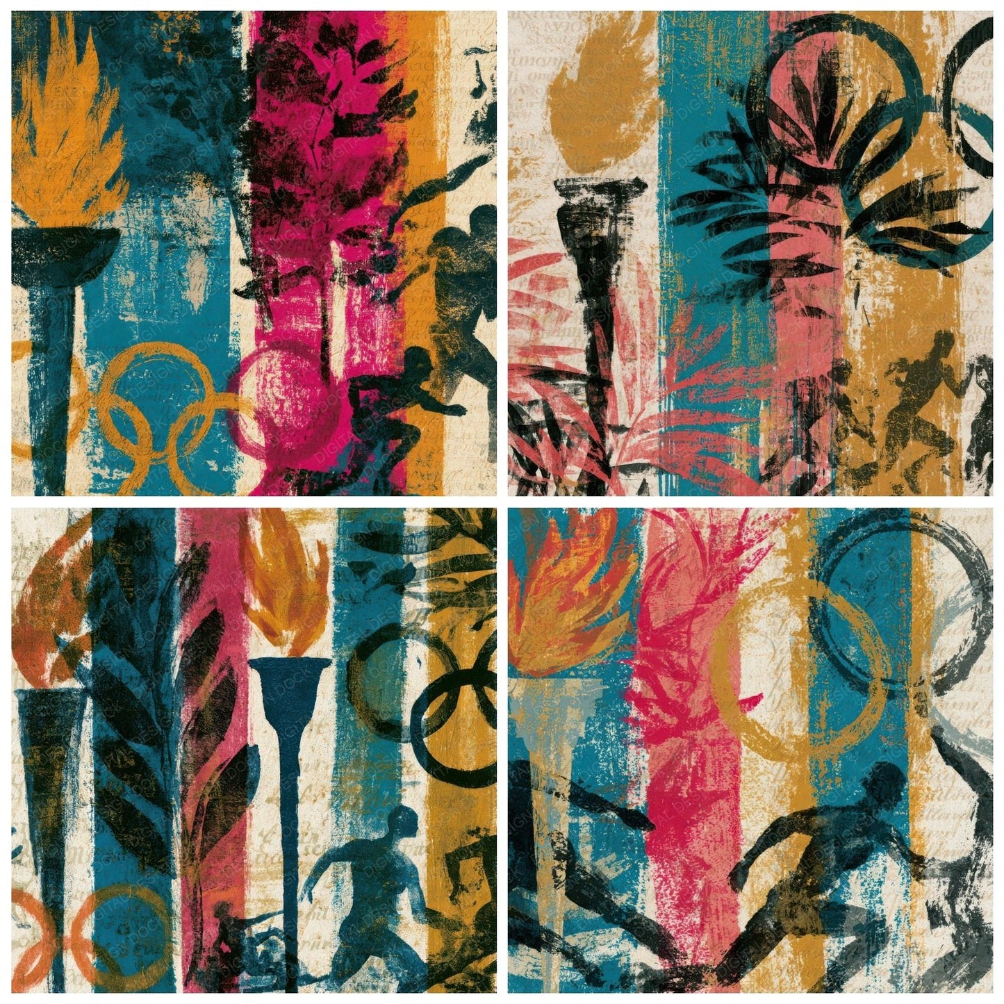 Sumi-e Retro Olympic Turquoise Pink Digital Paper Pack (DDD012920)