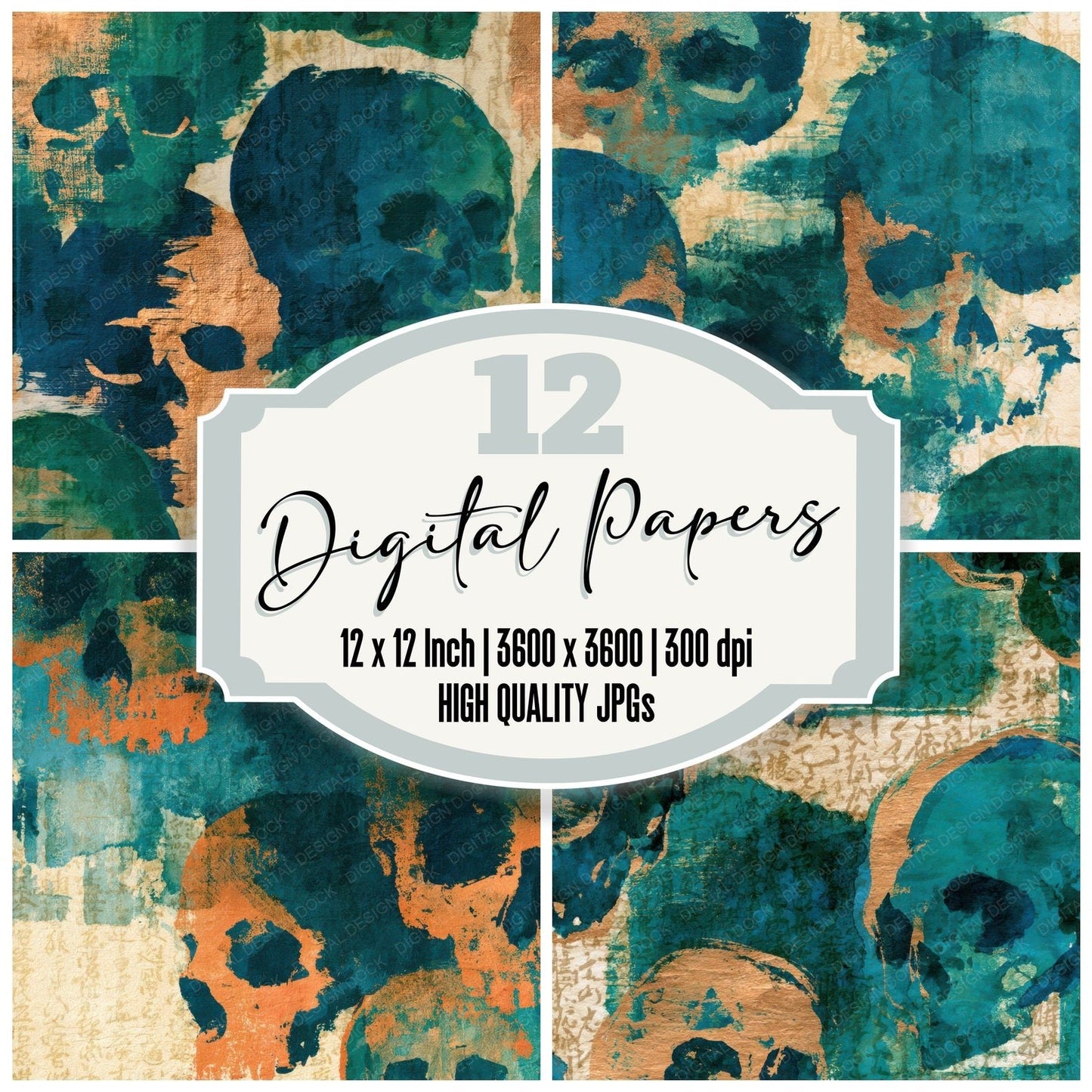 Sumi-e Skulls Emerald Jade Digital Paper Pack (DDD012921)