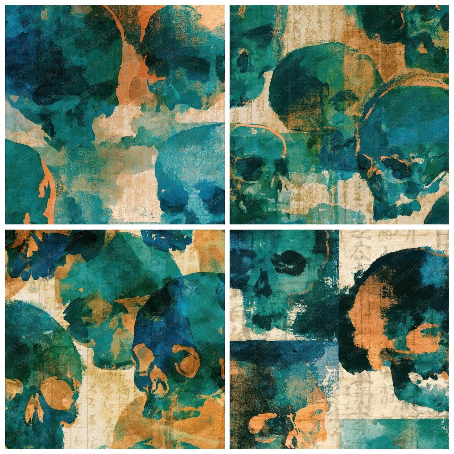 Sumi-e Skulls Emerald Jade Digital Paper Pack (DDD012921)