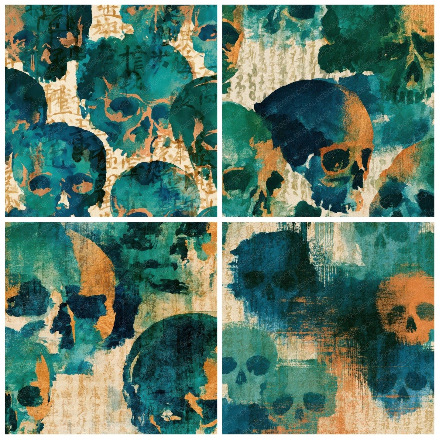 Sumi-e Skulls Emerald Jade Digital Paper Pack (DDD012921)
