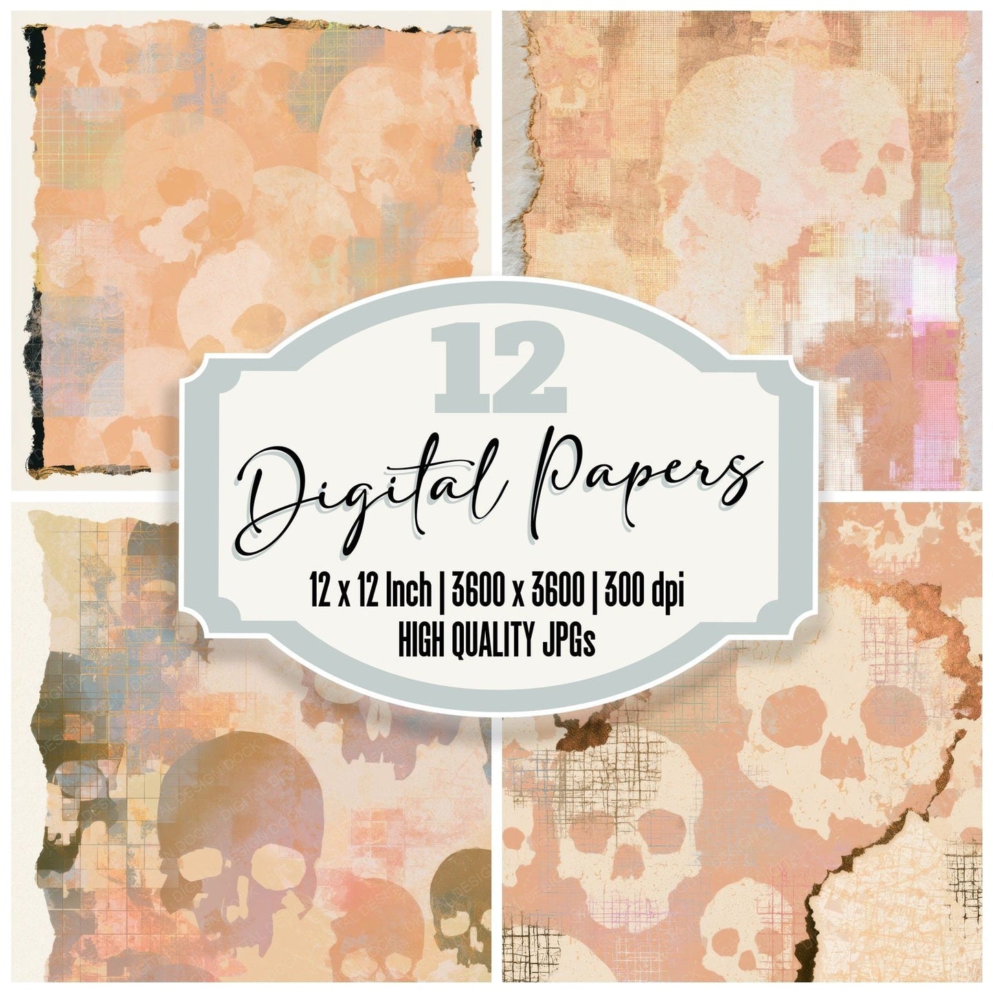 Torn Paper Skulls Holographic Terracotta Digital Paper Pack (DDD012922)