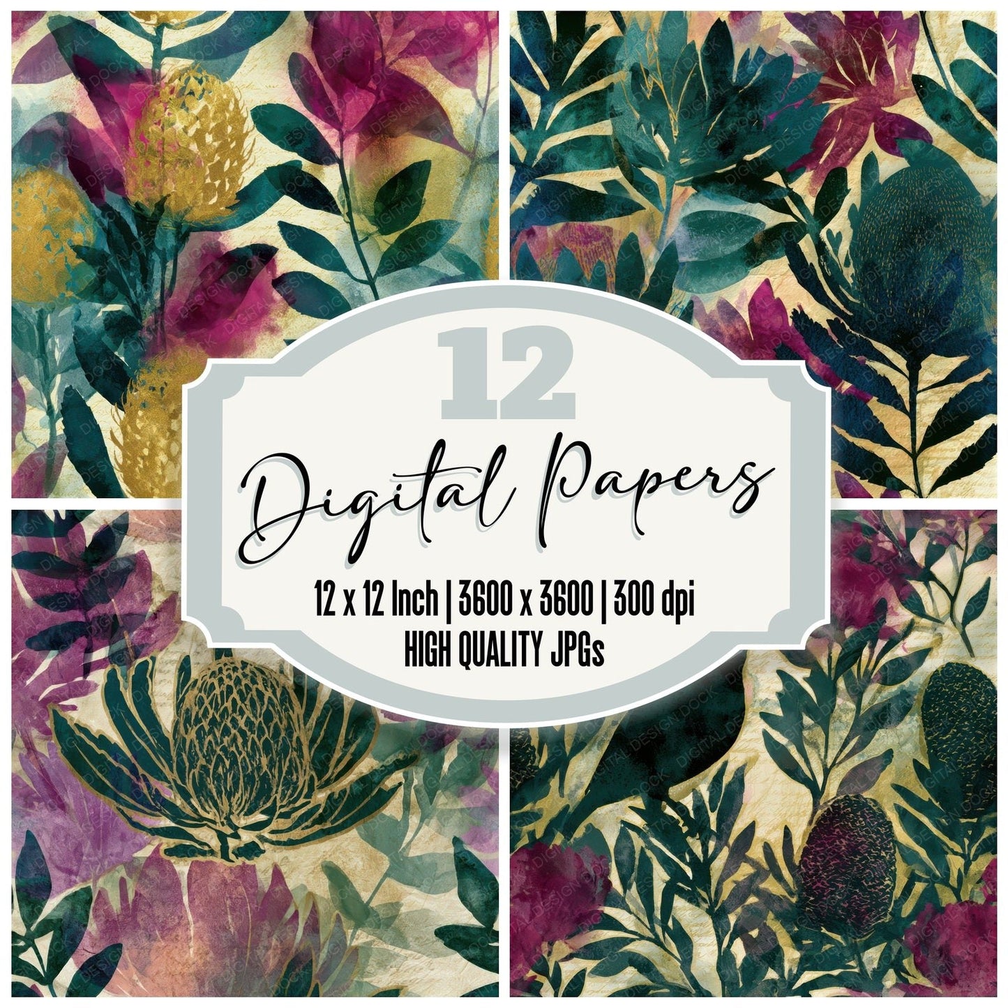 Watercolour Haunted Banksia Magenta Seamless Digital Paper Pack (DDD012923)