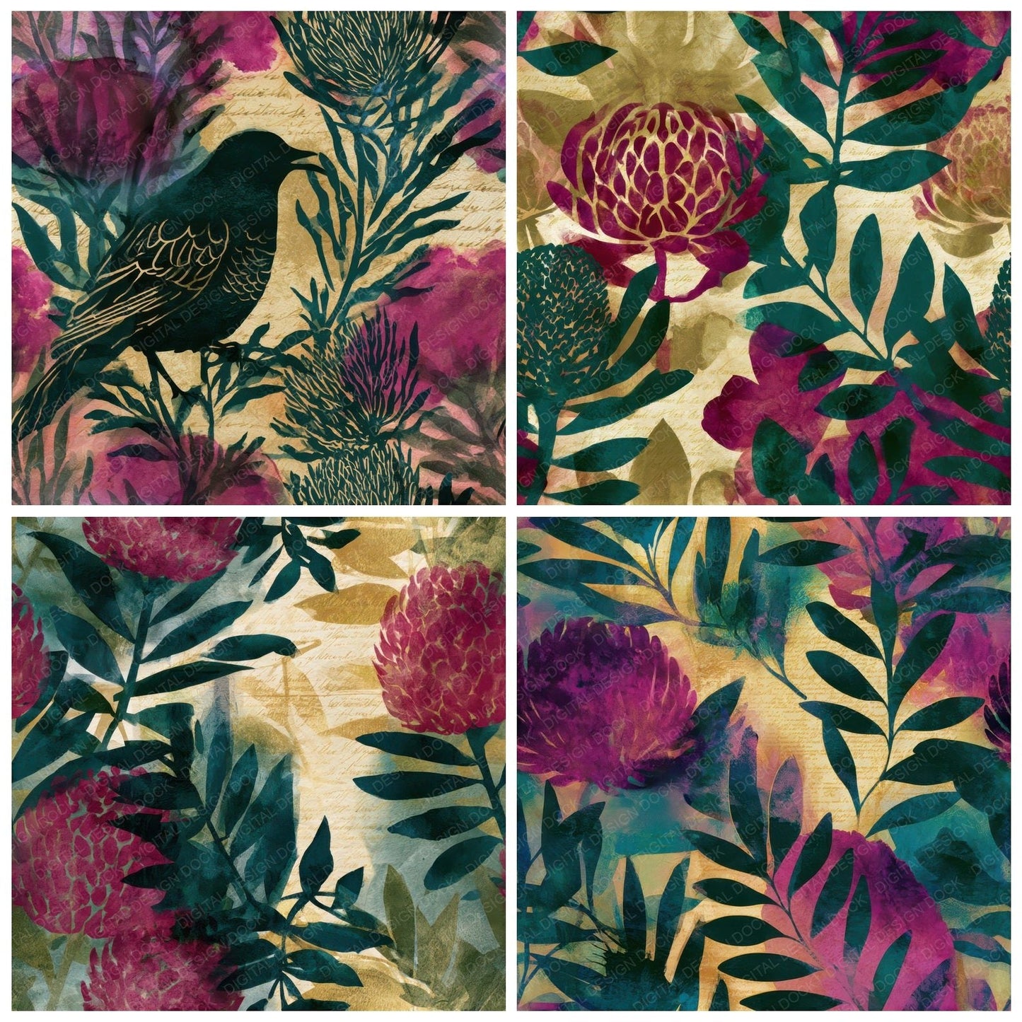 Watercolour Haunted Banksia Magenta Seamless Digital Paper Pack (DDD012923)