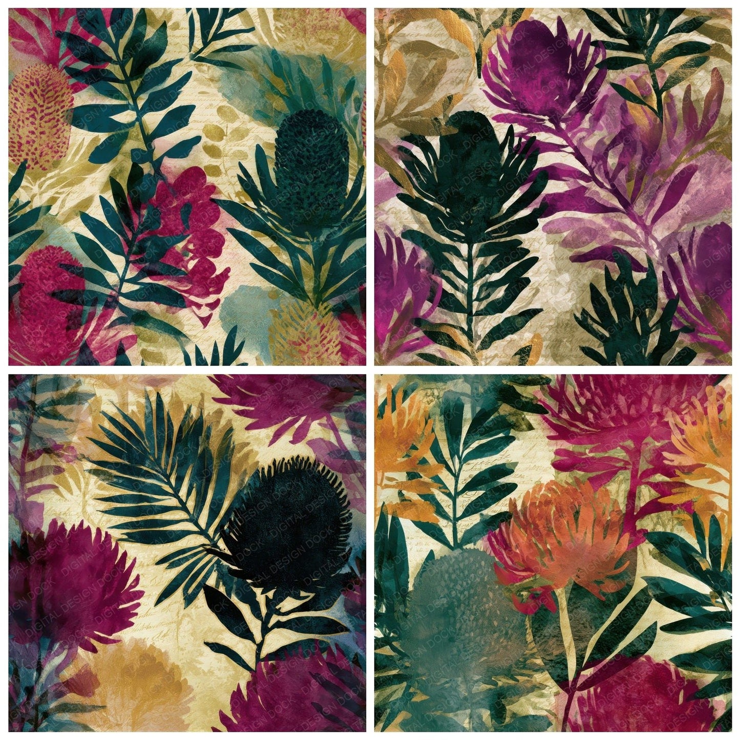 Watercolour Haunted Banksia Magenta Seamless Digital Paper Pack (DDD012923)