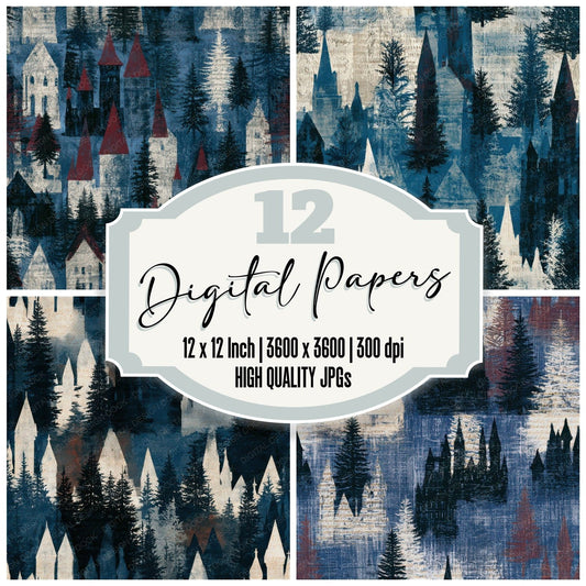 Cyanotype Christmas Castles Oxblood Seamless Digital Paper Pack (DDD012928)