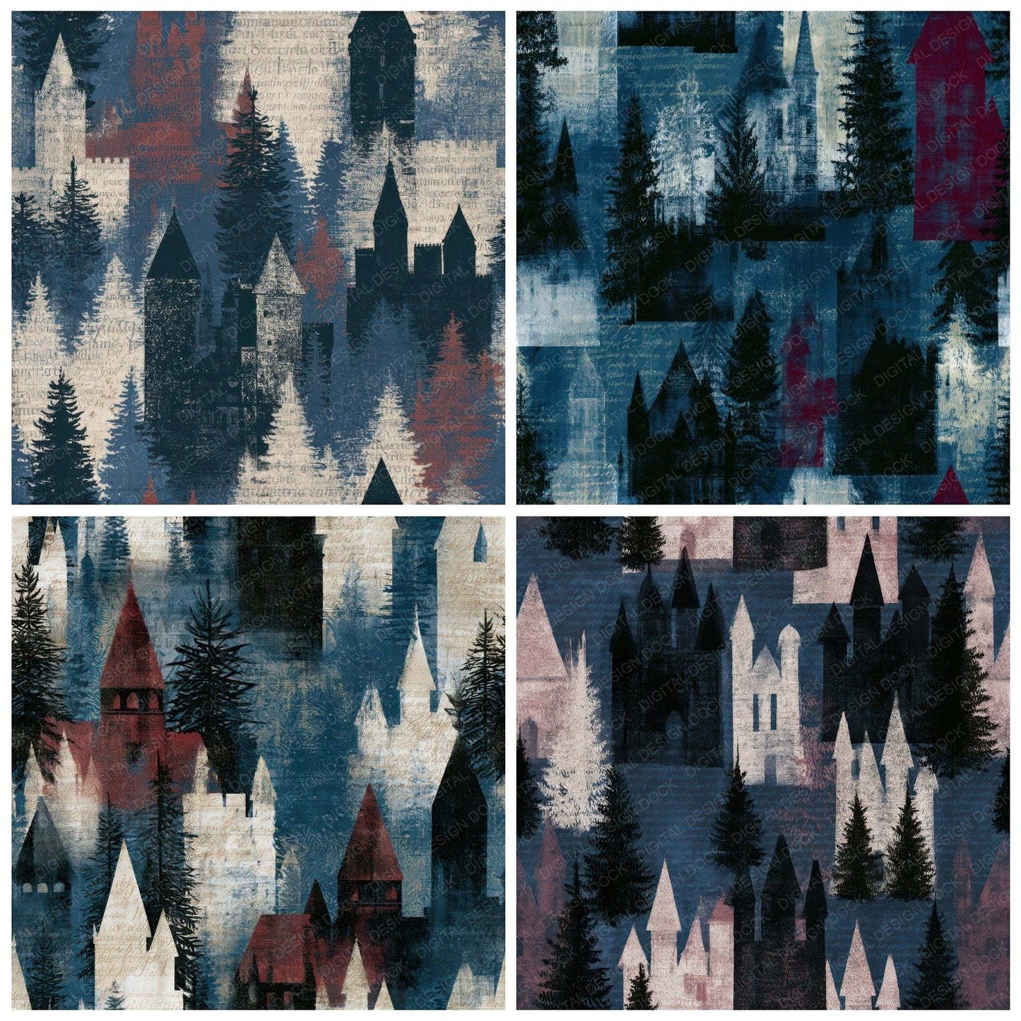 Cyanotype Christmas Castles Oxblood Seamless Digital Paper Pack (DDD012928)