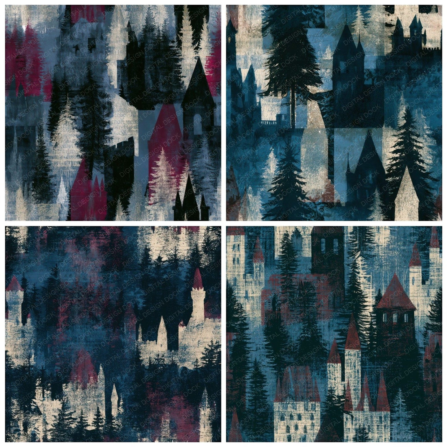 Cyanotype Christmas Castles Oxblood Seamless Digital Paper Pack (DDD012928)