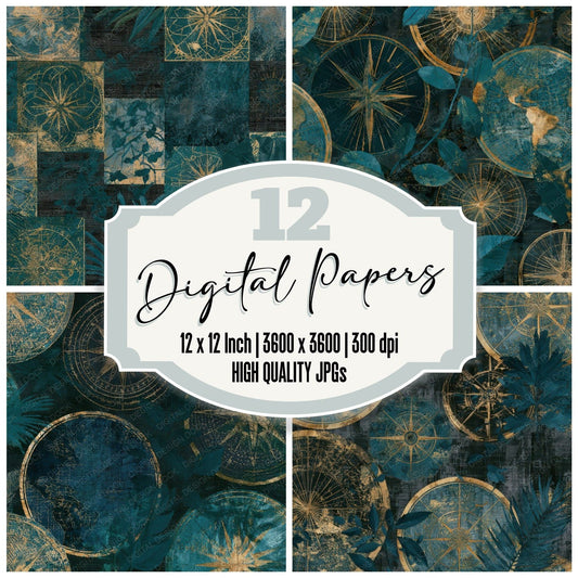 Embroidery Tropical Maps Teal Brass Digital Paper Pack (DDD012929)