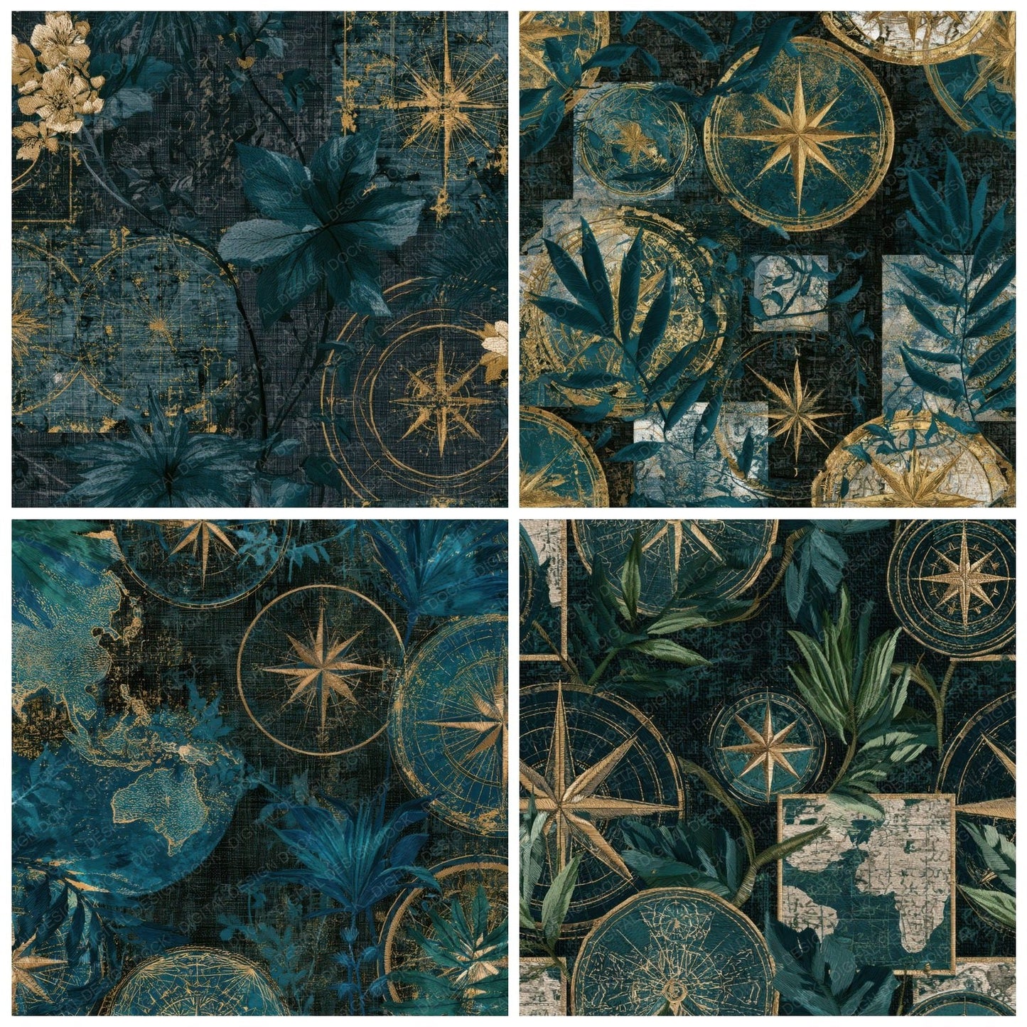 Embroidery Tropical Maps Teal Brass Digital Paper Pack (DDD012929)