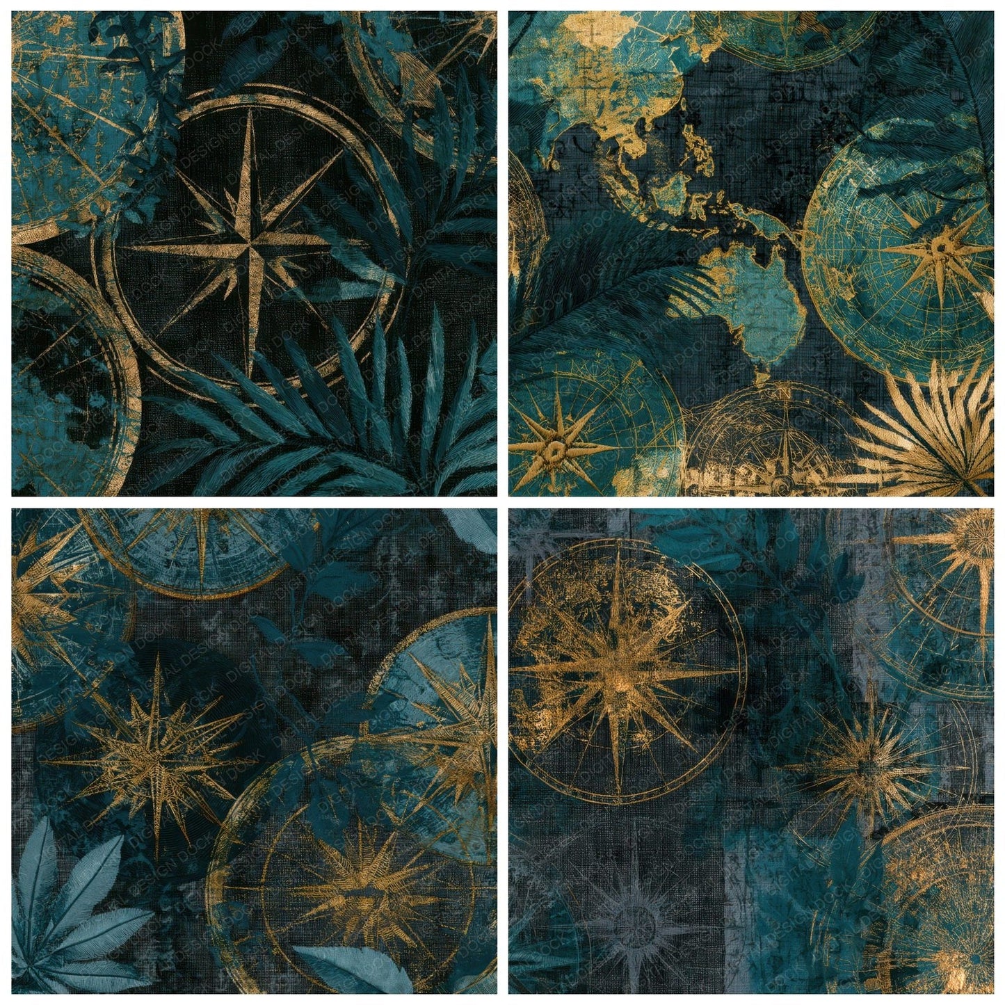 Embroidery Tropical Maps Teal Brass Digital Paper Pack (DDD012929)
