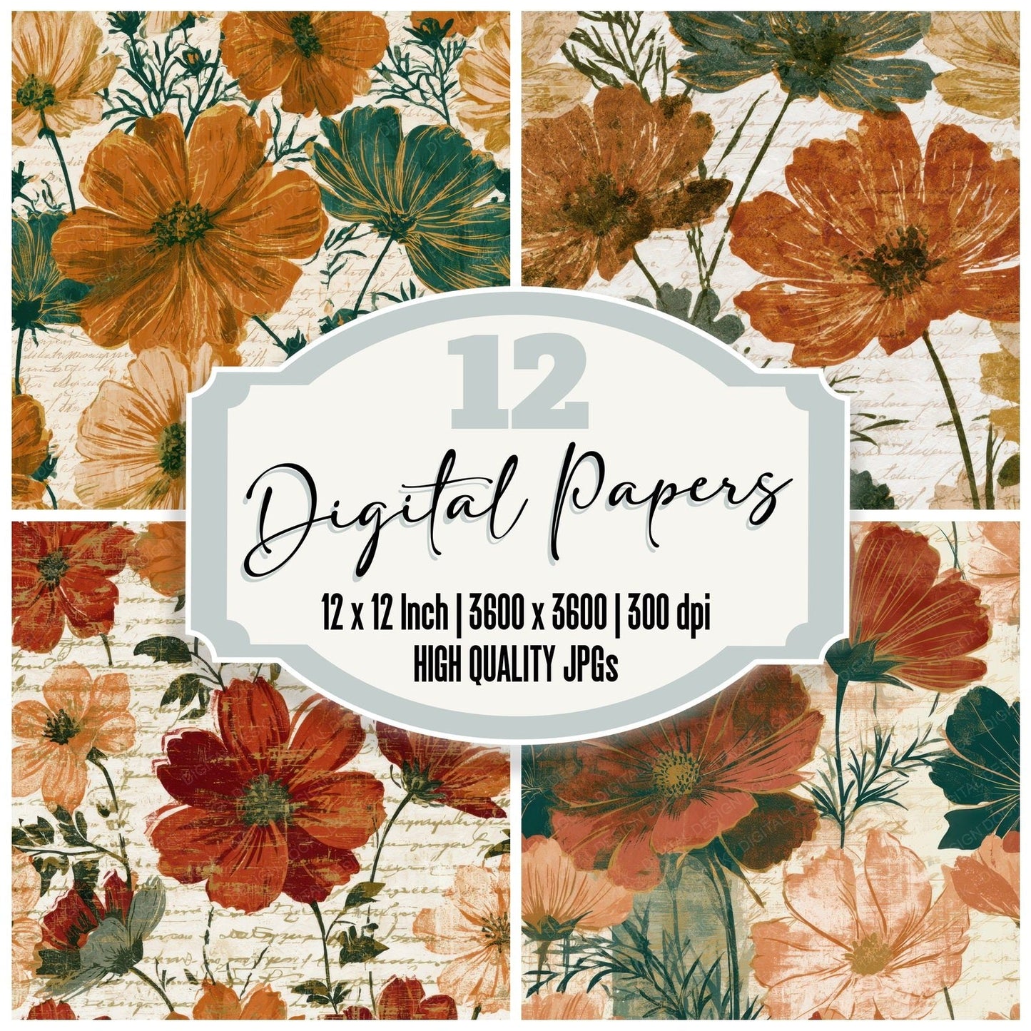 Indian Block Print Victorian Cosmos Cinnamon Digital Paper Pack (DDD012931)