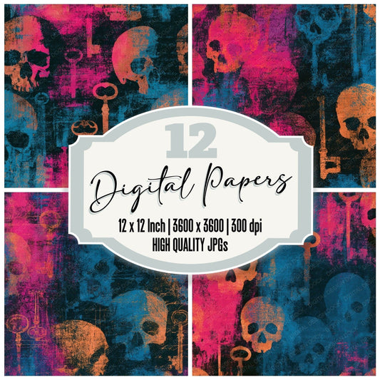 Infrared Skulls Keys Pink Cyan Digital Paper Pack (DDD012932)
