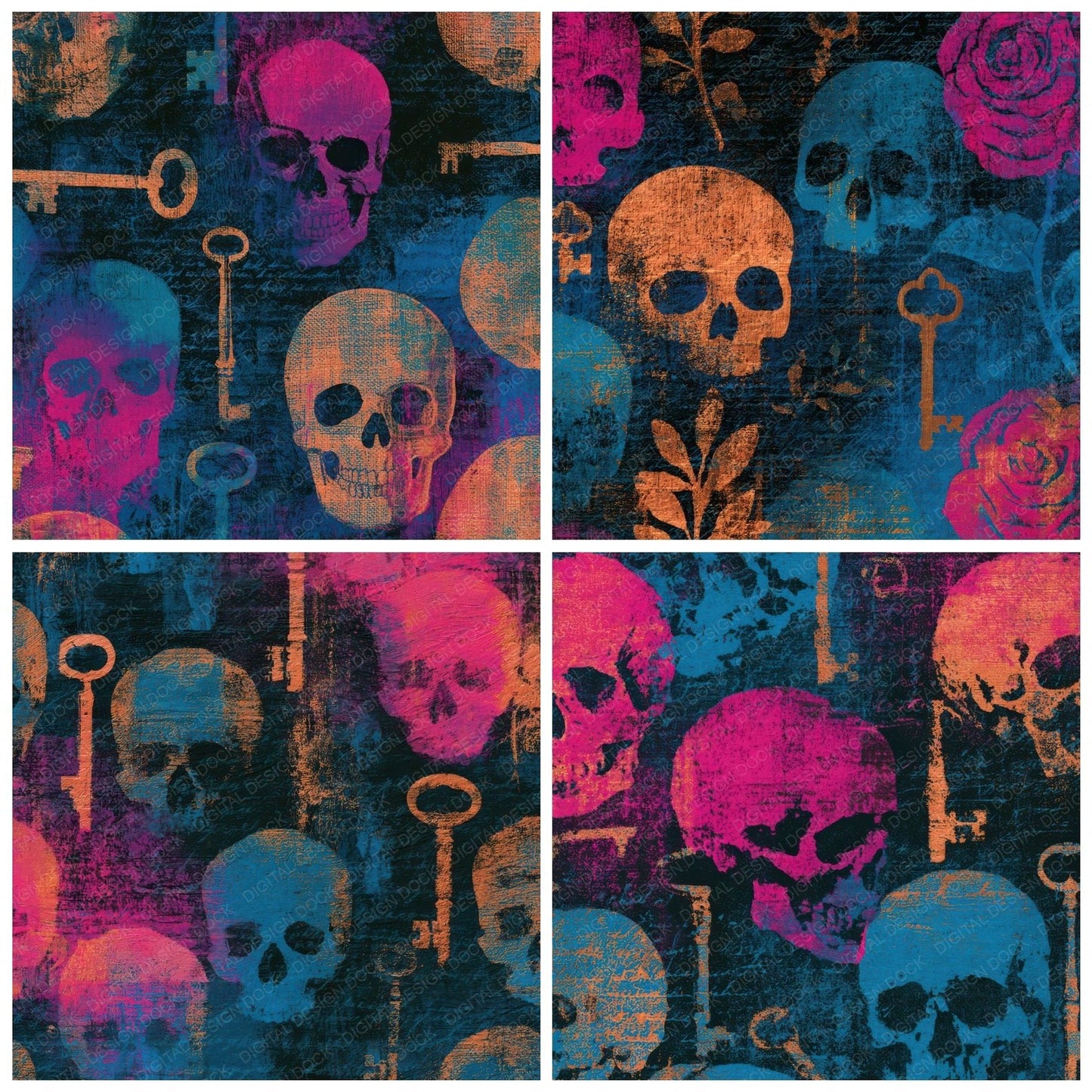 Infrared Skulls Keys Pink Cyan Digital Paper Pack (DDD012932)