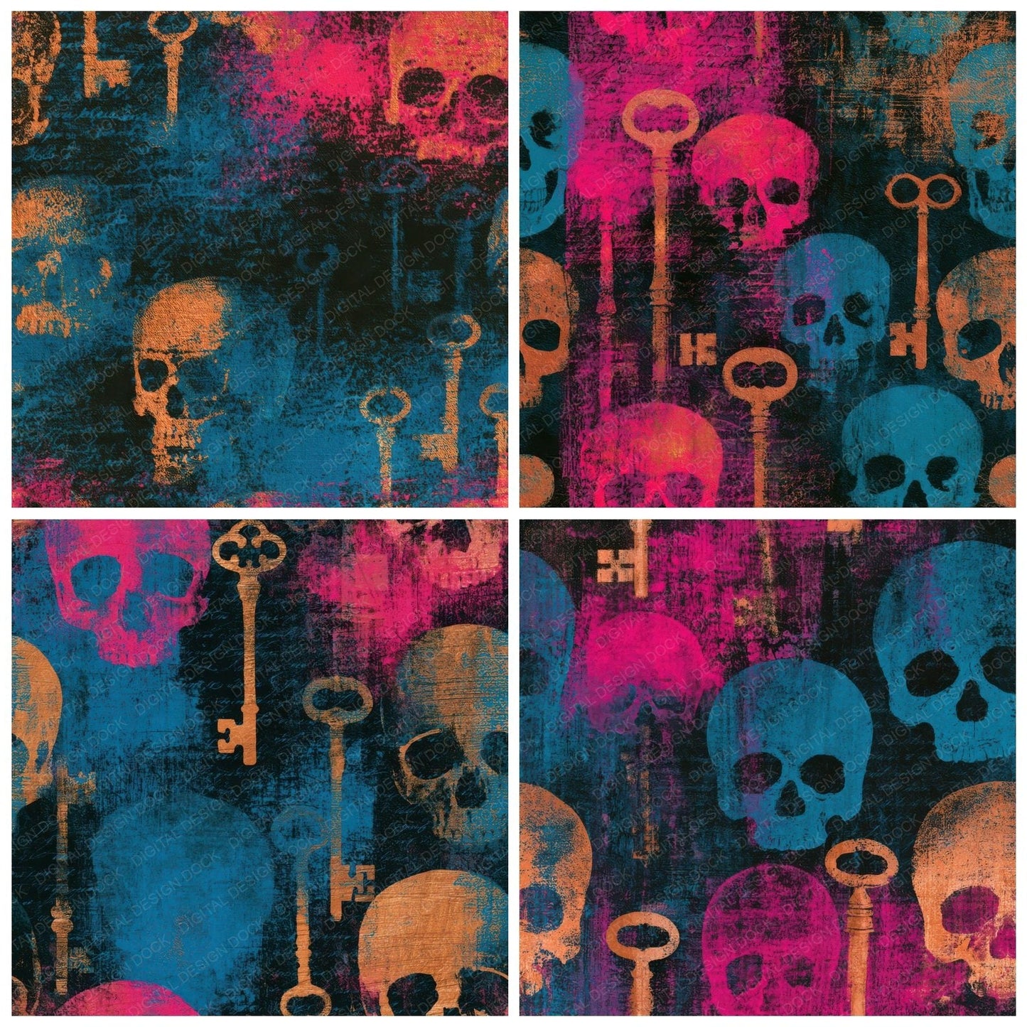 Infrared Skulls Keys Pink Cyan Digital Paper Pack (DDD012932)