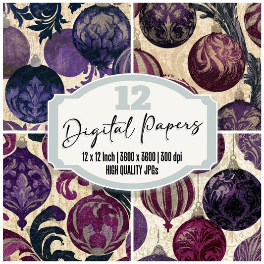 Letterpress Christmas Baroque Plum Cream Digital Paper Pack (DDD012933)