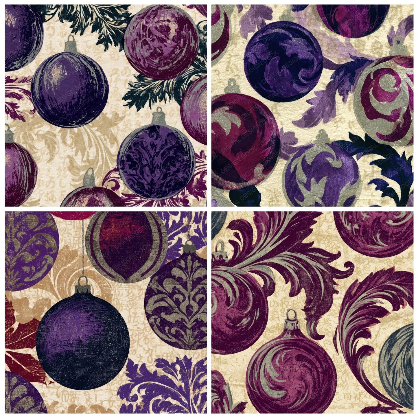 Letterpress Christmas Baroque Plum Cream Digital Paper Pack (DDD012933)