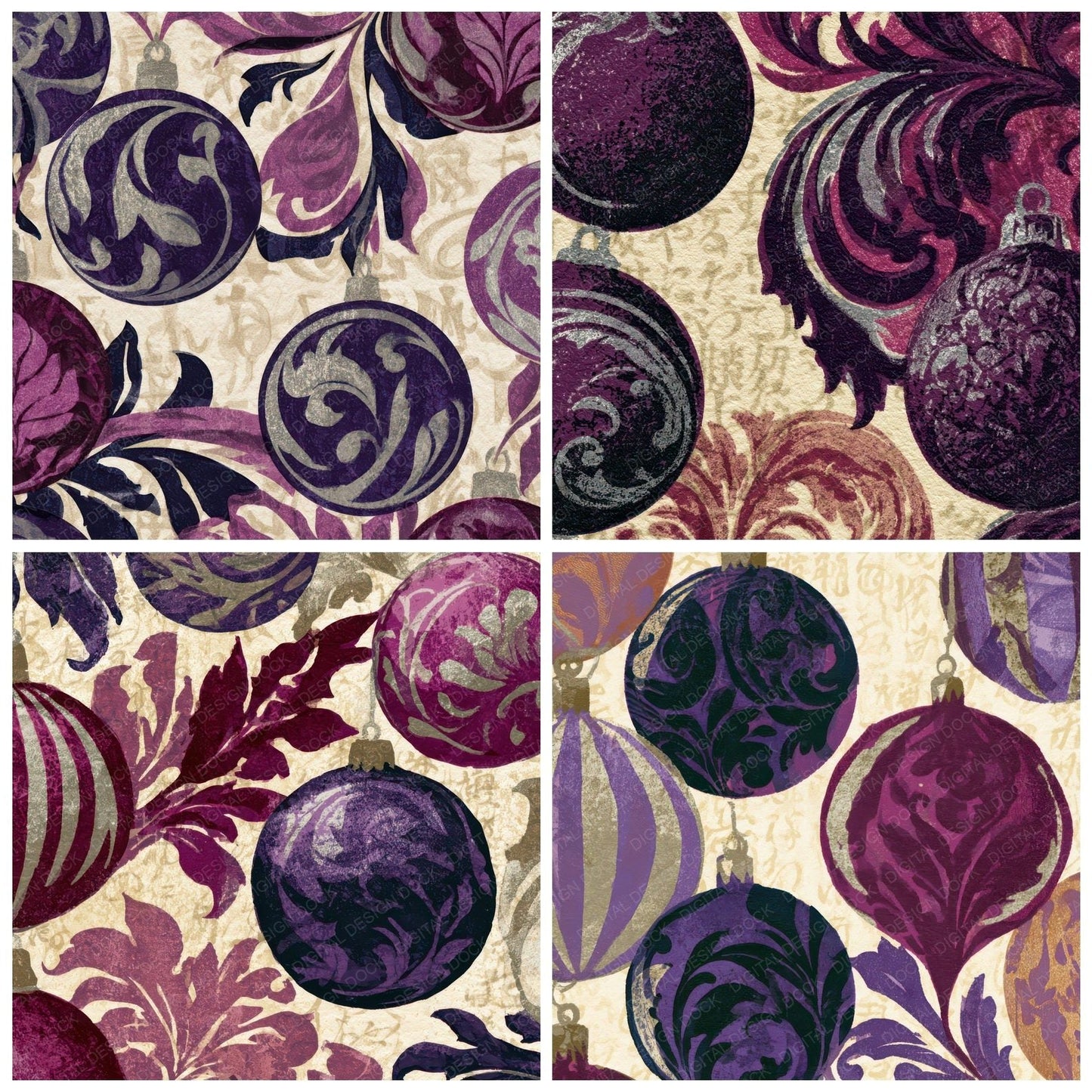 Letterpress Christmas Baroque Plum Cream Digital Paper Pack (DDD012933)
